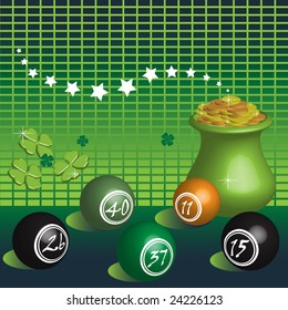 Abstract colorful illustration with colorful lottery balls, green clovers and pot of gold symbol of fortune