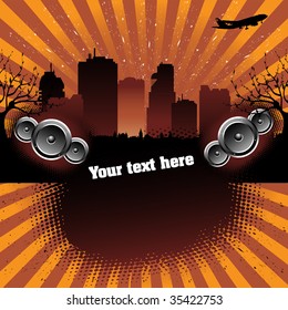 Abstract colorful illustration with loudspeakers, tall buildings, plane shape and trees. Urban music concept