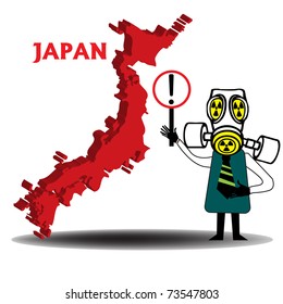 Abstract colorful illustration with the map of Japan and a man wearing a gas mask holding a sign in order to attention that there is a dangerous area