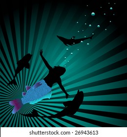 Abstract colorful illustration with mermaid swimming in deep waters between dolphins