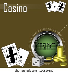 Abstract colorful illustration with metallic circle, golden coins, dices and poker cards. Casino theme