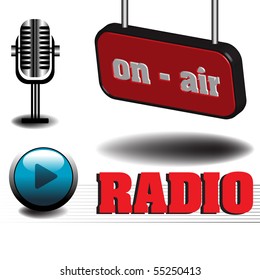 Abstract colorful illustration with microphone, play button and the text on air written on a red plate. Radio theme