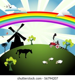 Abstract colorful illustration with mill, horse, sheep, trees, a tractor plowing the soil, everything under a beautiful rainbow. Farm concept