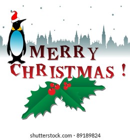 Abstract colorful illustration with mistletoe, building silhouettes of a city and a funny penguin wishing Merry Christmas