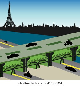 Abstract colorful illustration with modern bridge crossing a river and the Eiffel tower behind building silhouettes. Bridge in Paris