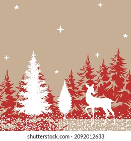 Abstract colorful illustration with a moose standing in front of a fir tree on a cold winter night,Vector image. Banner winter landscape. Deer on beige background of forest and snow.