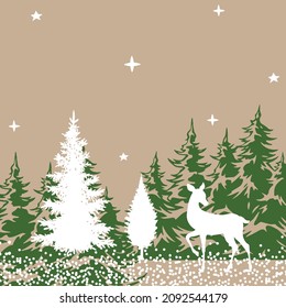 Abstract colorful illustration with a moose standing in front of a fir tree on a cold winter night,Vector image. Banner winter landscape. Deer on green tree background of forest and snow.