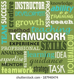 Abstract colorful illustration with more words related to the teamwork concept written in various ways on a green background