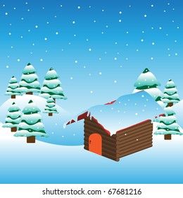 Abstract colorful illustration with mountain cabin made from wood covered by snow. Winter seasonal card