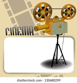 Abstract colorful illustration with movie projector, an empty frame, filmstrip and the word cinema written with capital letters