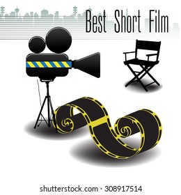 Abstract colorful illustration with movie projector, film reel and director's chair. Best short film concept