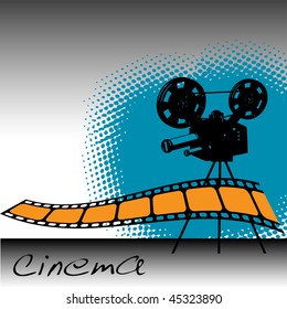 Abstract colorful illustration with movie projector, film strip and the word cinema written on the bottom of the image