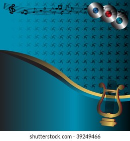 Abstract colorful illustration with musical notes, harp and colorful discs
