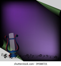 Abstract colorful illustration with musical notes and colorful harp. Music theme