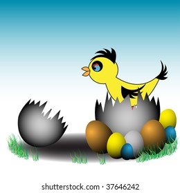 Abstract colorful illustration with newborn chicken coming out from a broken egg