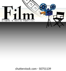 Abstract colorful illustration with numbered film strip, projector and movie director's chair. Film festival concept