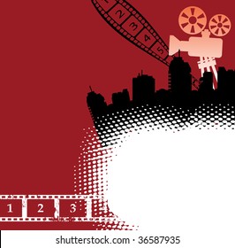 Abstract colorful illustration with numbered filmstrip, movie projector and various building shapes