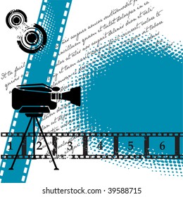 Abstract colorful illustration with numbered filmstrip, grunge circles, and movie camera. Cinema theme