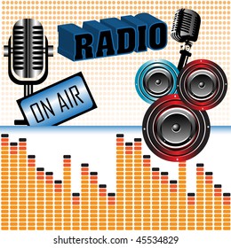 Abstract colorful illustration with old microphone shapes, loudspeakers and the word radio written with capital letters