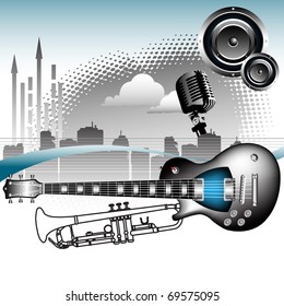 Abstract colorful illustration with old microphone, electric guitar, building shapes, clouds, arrows, loudspeakers. Concert theme