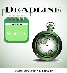 Abstract colorful illustration with old watch and a calendar sheet hanging from the word deadline. Deadline concept