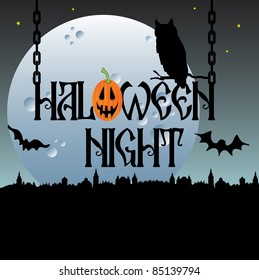 Abstract colorful illustration with owl balancing on the the text Halloween night in front of a full moon. Halloween night theme