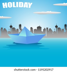 Abstract colorful illustration with a paper boat floating on the water in front of a city and the word holiday written on the sky with white letters