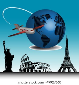 Abstract colorful illustration with passenger plane travelling around the world and a few important landmarks from all over the world