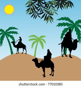Abstract colorful illustration with people riding camels near an oasis