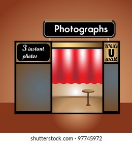 Abstract colorful illustration with a photo booth with chair and red curtains