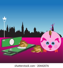 Abstract colorful illustration with pink piggy bank, golden coins, green banknotes and black building shapes in the background