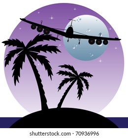 Abstract colorful illustration with plane flying over an island during the night
