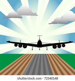 Abstract colorful illustration with plane at takeoff seen from the front size of the plane. Takeoff concept