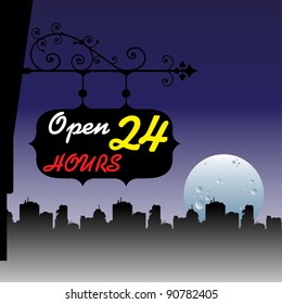 Abstract colorful illustration with a plate with the text open twenty four hours hanging from the wall of a shop