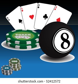 Abstract colorful illustration with poker cards, poker chips and black billiard ball. Casino theme