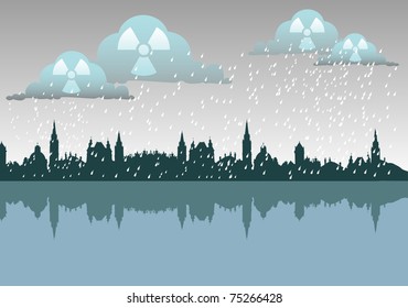Abstract colorful illustration with radioactive rain and clouds getting close to a city