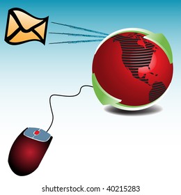 Abstract colorful illustration with red globe, two green arrows, computer mouse and a yellow envelope shape. Internet connectivity and email concept