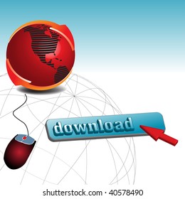 Abstract colorful illustration with red globe surrounded by two arrows, a red computer mouse and a blue download button. Internet theme, download button