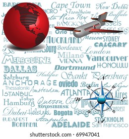 Abstract colorful illustration with red globe, plane, compass and the most important cities from the world written in blue letters. Traveling concept