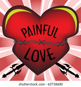 Abstract colorful illustration with red heart tied with barbed wire and stabbed by two swords. Painful love concept