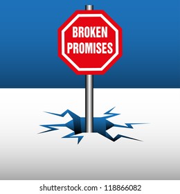 Abstract colorful illustration with a red plate on which is written the text broken promises coming out from an ice crack