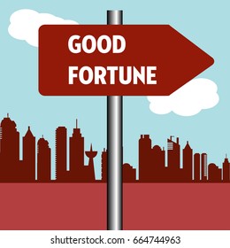 Abstract colorful illustration with a red signpost with the text good fortune