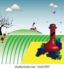 Abstract colorful illustration with red wine bottle and grapes on a yellow blanket near a vineyard at countryside