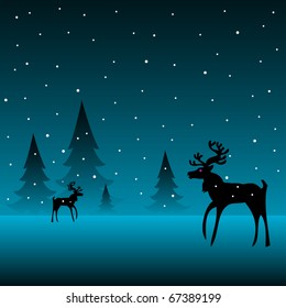 Abstract colorful illustration with reindeer couple standing near some fir trees in the cold winter