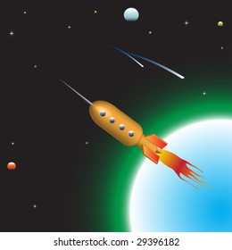 Abstract colorful illustration with rocket flying away from earth with high speed