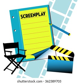 Abstract colorful illustration with a screenplay notebook, director chair, clapboard and filmstrip. Film screenplay theme