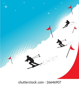 Abstract colorful illustration with skiers skiing through red flags