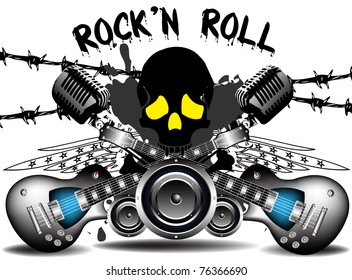 Abstract colorful illustration with skull, electric guitars, barbed wire, wings and powerful loudspeakers. Rock'n Roll concept