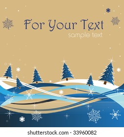 Abstract colorful illustration with small blue fir trees and various snowflakes. Winter card