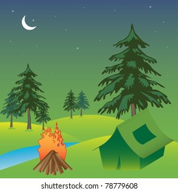 Abstract colorful illustration with a small fire and a green tent near fir trees during the night. Camping theme